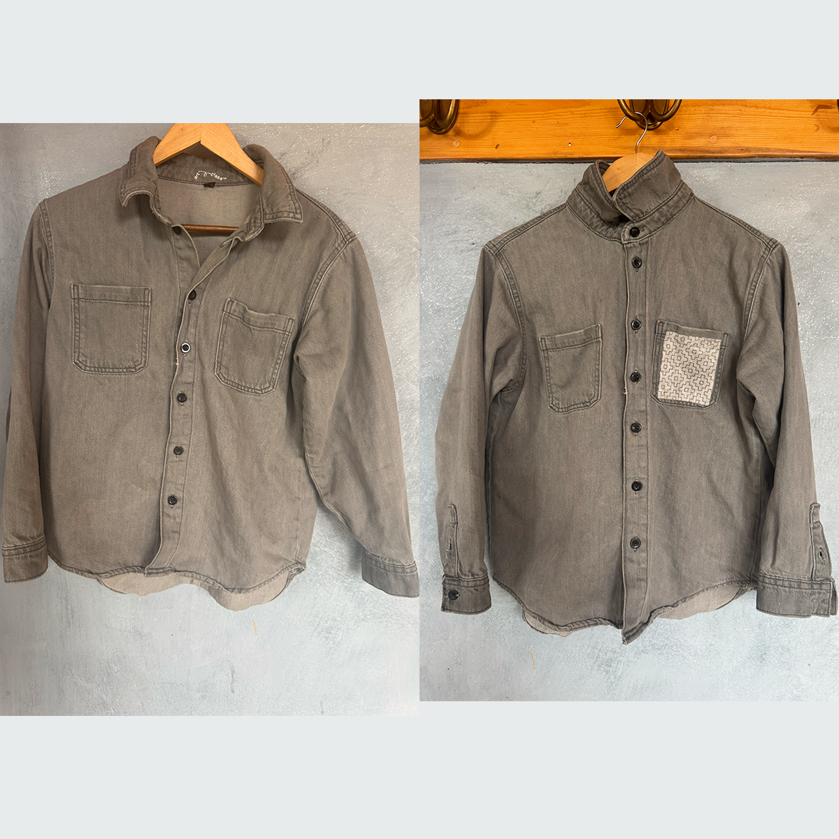 Before and after: a torn garment restored with sashiko
